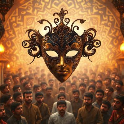 The primary subject of the image is a gold and black mask, which is the main object, scene, or focus of the image. The mask is placed in the center of the scene, surrounded by a crowd of people. The setting is a room with a patterned wall, and the visual style is a combination of photo and digital art. The colors and mood of the image are rich and dramatic, with the gold and black mask standing out against the patterned wall.
